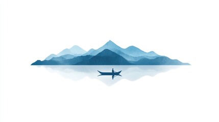 Tranquil mountain landscape, small boat, serene reflection, digital art, ideal for posters or wallpapers