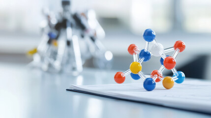 Young scientist with a futuristic concept, Molecular model on lab table with scientific reports and equipment