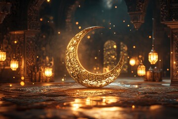 Ramadan 3D Greeting with Golden Crescent Moon, Calligraphy & Lanterns
