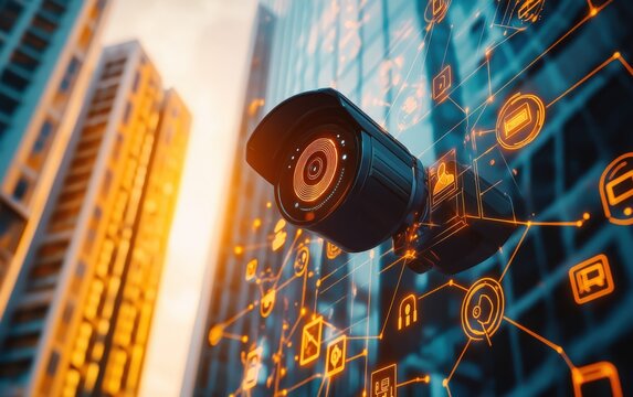 A security camera is hanging from a pole that stands in front of a building