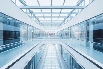 Obraz premium Modern, bright, empty office corridor with glass walls and ceilings.