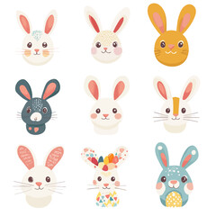 Whimsical Easter Bunnies: Cute Cartoon Rabbit Faces on White Background