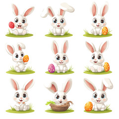 Obraz premium Adorable White Cartoon Easter Bunnies with Colorful Eggs on Green Grass