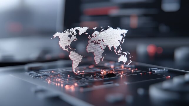 Futuristic digital interface displaying a glowing world map hologram on a high-tech surface.