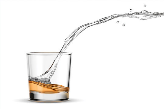 Clear liquid splashes into glass over amber liquid from height during dynamic pouring action