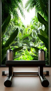 Tranquil Jungle View Through Exercise Parallel Bar Setup Interior Environment Serene Scenery
