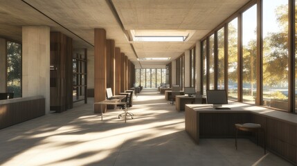 Modern office hallway, sunlight, autumn trees, workspace