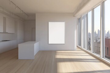 Obraz premium Modern, bright kitchen with blank canvas and city view.