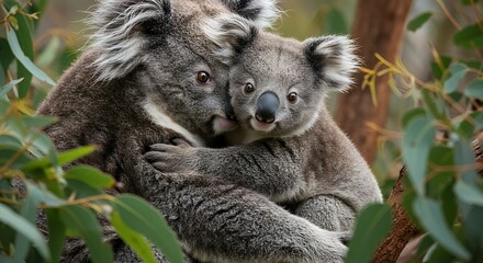 Obraz premium A baby koala hugging its mother while looking curiously at the camera