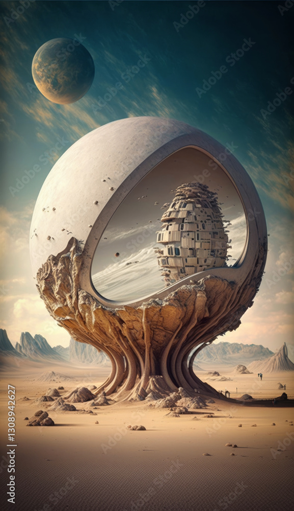 Poster surreal fantasy constrcution on a strange alien planet