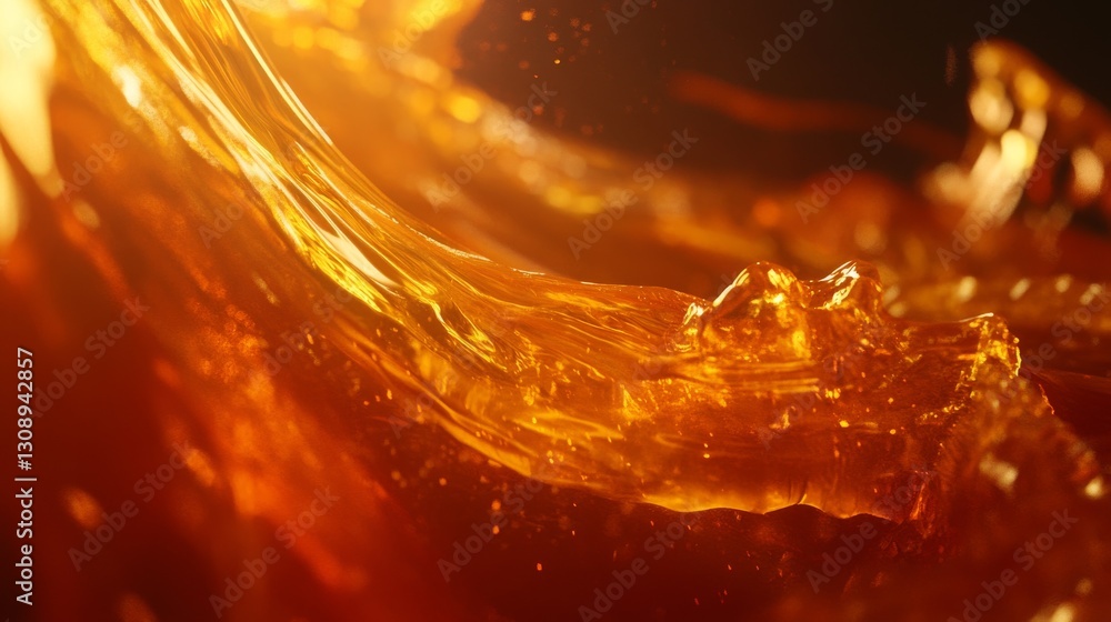 Poster close-up of a glowing golden wave-like structure showcasing an energetic, radiant texture. this abst