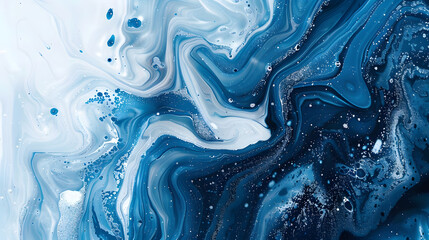 Abstract white and blue liquid painting on canvas wall art, showcasing fluid artistic swirls and a contemporary design.