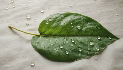 Green Leaf with Water Drops on White Background Nature Still Life
