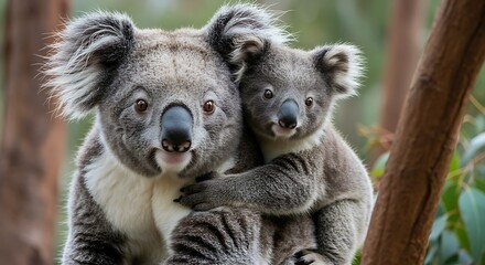 Fototapeta premium A baby koala hugging its mother while looking curiously at the camera