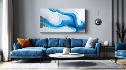Abstract white and blue marble painting on canvas wall art, featuring elegant fluid patterns with a modern and decorative style.