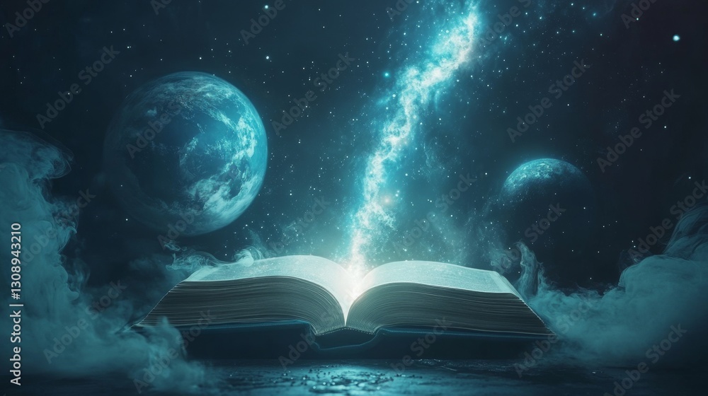 Poster a captivating digital illustration of an open book with a bright beam of light reaching into the sta