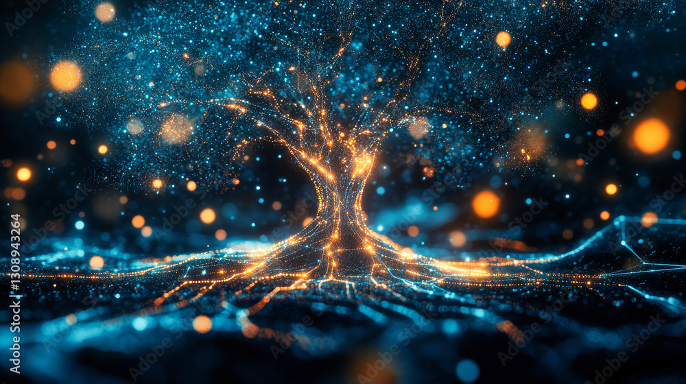 Poster a stylized tree composed of interconnected lines and nodes, resembling a neural network or data visu