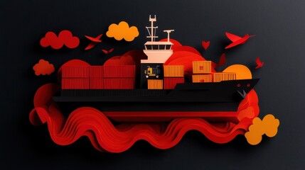 Obraz premium Container Ship Navigating Vibrant Ocean Waves in Fiery Red and Orange