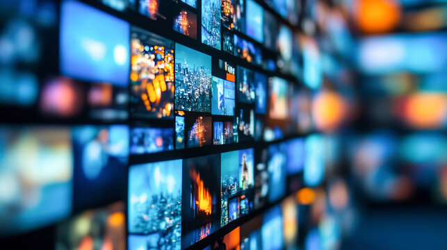 A digital collage featuring a dynamic array of small, rectangular screens displaying various colorful images