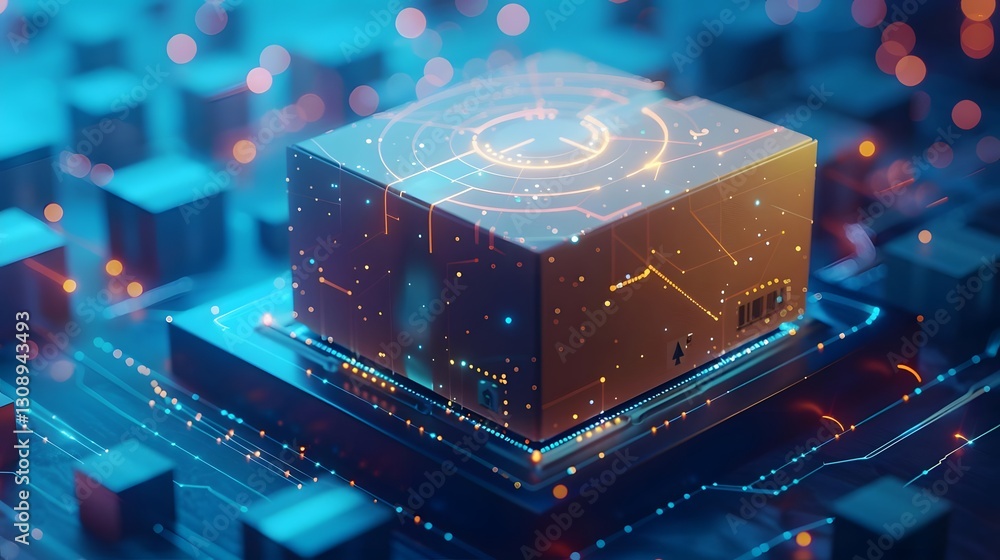 Poster futuristic computer chip surrounded by glowing circuitry, symbolizing advanced technology and innova