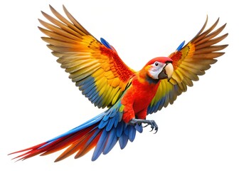 Obraz premium Colorful parrot flying through the air with its wings spread isolated on white background