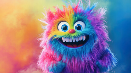 Fototapeta premium A charmingly vibrant, endearingly fluffy cute monster with a contagious smile, pastel colored and glowing with joy