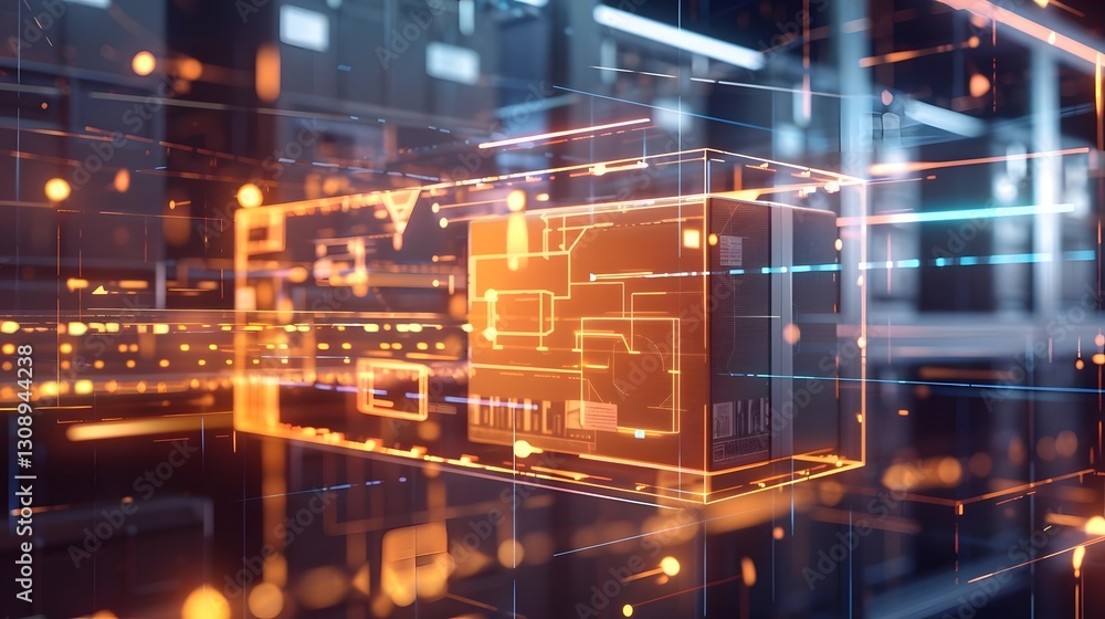 Poster futuristic digital warehouse scene showcasing a glowing package with data streams in a tech environm