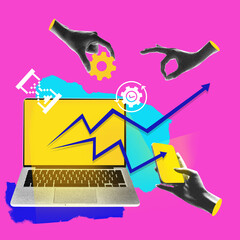 Laptop with analytics chart, hand with phone, gear icon, clock, and digital pixel elements....