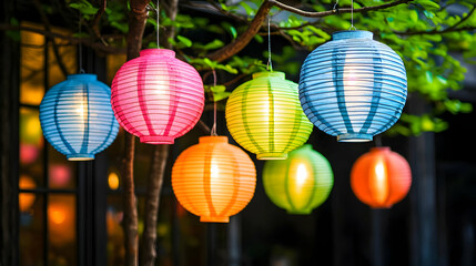 Obraz premium Colorful Lanterns Hanging From Tree Branches Illuminated During Evening Celebration