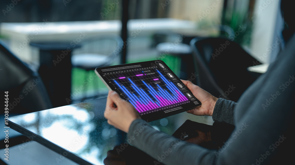 Poster a person holds a tablet displaying colorful data visualizations, likely for analytics or trading, ag
