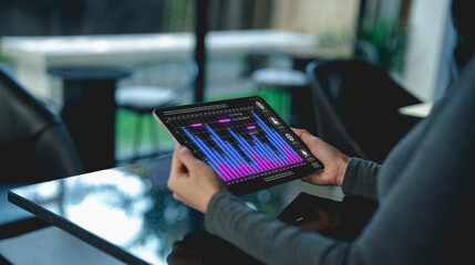 A person holds a tablet displaying colorful data visualizations, likely for analytics or trading, against a blurred background of a modern workspace.
