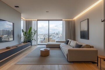 Modern, bright living room with city view.