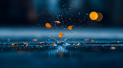 Naklejka premium Autumn Leaves Splashing Into Water Surface With Blue Tones And Orange Bokeh Background