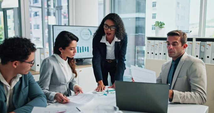 Business people, team presentation and screen with data, financial stats or planning investment in office. Manager, collaboration and charts for sales revenue, profit discussion or strategy paperwork