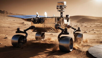 An advanced robotic rover exploring the dusty red terrain of Mars