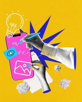 Hands sketch on phone screen, lightbulb idea, eye icon, and image symbol. Creative digital content, mobile design, idea generation. Concept of digital marketing, social media. Photocopy effect