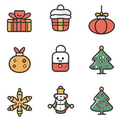 Christmas Icon Set: Gift Box, Cupcake, Ornament, Tree, Snowflake, Snowman