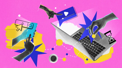 Multi-device strategy. Hands interact with phone search, video play button, laptop, and hourglass....