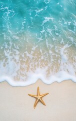 A starfish sits on the sandy beach by the ocean, enjoying scenery