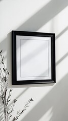 Blank black frame on white wall with shadows and plant