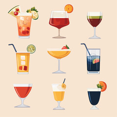 Assorted Creative Colorful Cocktail Drinks on Display Background