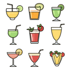 Assorted fruit cocktails with lime, strawberry, and mint illustrations