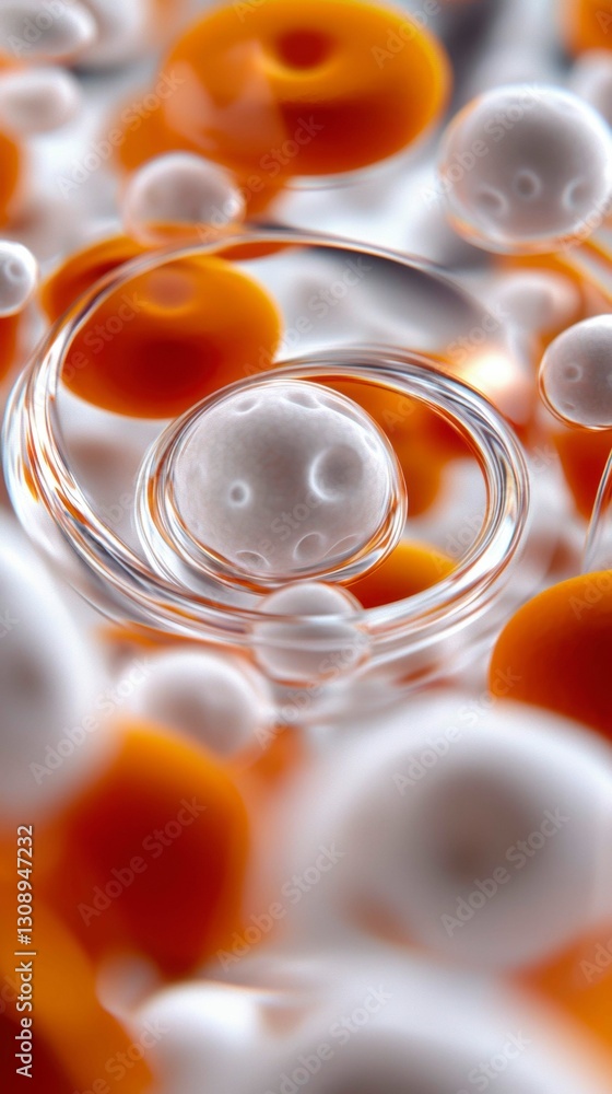 Poster orange and white spheres abstract macro world encapsulated in spiral glass structure artistic displa