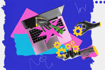 Monetization strategy. Hands exchange money through laptop, others assemble gears. Revenue...
