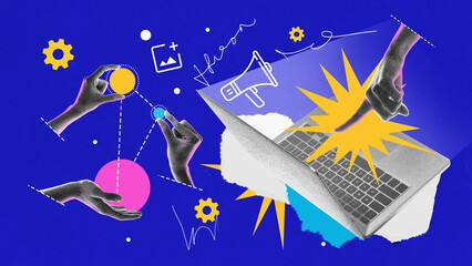 Hands interact with content elements, megaphone, and laptop, illustrating content strategy. Art...