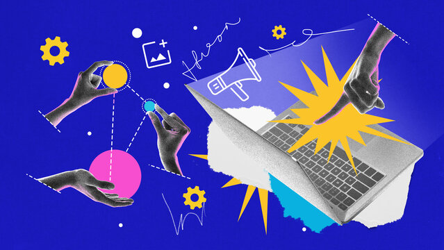 Hands interact with content elements, megaphone, and laptop, illustrating content strategy. Art collage. Concept of digital marketing, audience engagement, social media. Photocopy effect
