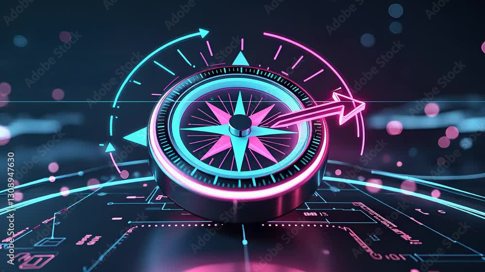 Poster futuristic digital compass with neon pink and blue glowing interface on a high-tech cyber navigation