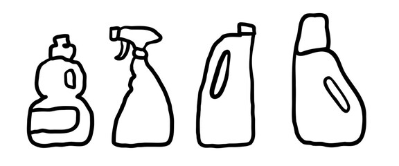 Cleaning bottles set in hand drawn style in vector. Elements for design advertisement mail posts poster print packaging wrapping