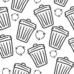 Seamless pattern with trash can and recycle symbol in hand drawn style.Element for decoration design mail posts postcards poster print invitation background backdrop wrapping wallpaper banner textile