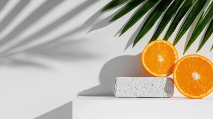 Minimalist Tropical Still Life with Orange Halves and Palm Leaf Casting Shadow on White Wall